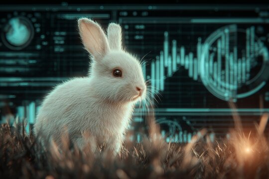 Peaceful dynamics in nature: rabbit's wonder goes unseen. Digital analytics. A bunny&acirc;&euro;&trade;s honest gaze cast over a verdant grassland. Virtual analytics. Neon displays.