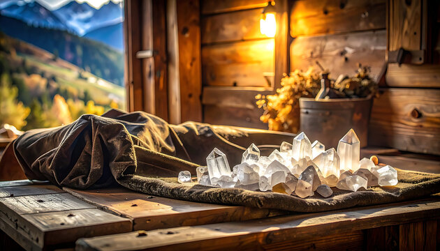 Crystals on wooden table indoors.