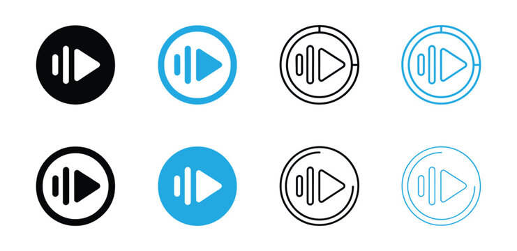 black and white audio and media player icons.  audio and media player icons. Pro Vector. Collection of play button icons in various colors and styles for multimedia applications. 