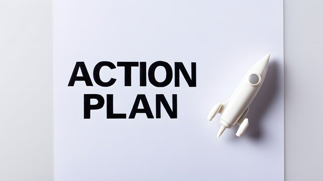 Action plan concept with rocket on white background.