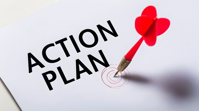 Action plan concept with red target dart on white background.
