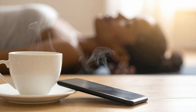 Cup of hot coffee with smartphone near relaxed person lying on yoga mat representing morning mindfulness and digital balance wellness lifestyle trend