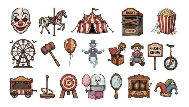 Vintage Circus and Carnival Sticker Pack with Clown Carousel and Ferris Wheel