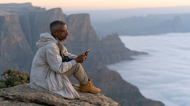 Ethiopian landscape photographer at the edge of a highland gorge at early morning, reviewing a shot on a handheld screen while mist fills the valley below, nature documentation,