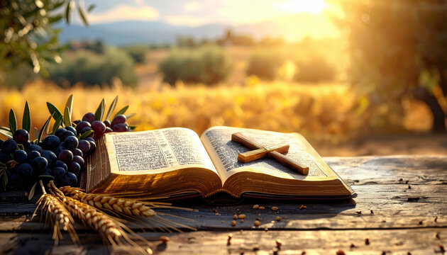 Open Holy Bible with wooden cross placed on gold pages besides fresh grapes and wheat stalks in sunny Mediterranean olive grove