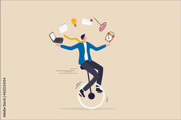 Businessman riding unicycle in office space with papers and clock © Death