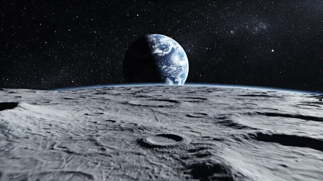 A stunning digital artwork depicts a desolate lunar landscape with Earth rising majestically over the horizon, scattered with rocks and illuminated by distant stars.