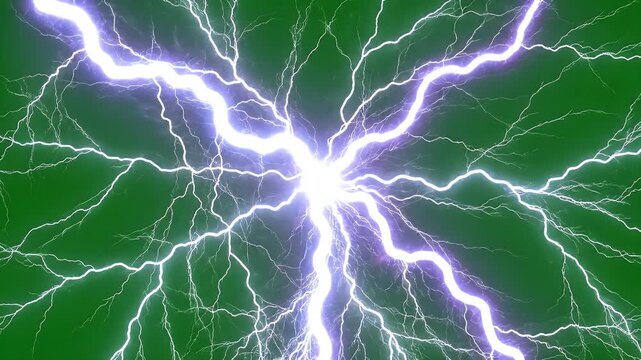 A vibrant green background is dramatically illuminated by a bright, twisting bolt of purple and white lightning.