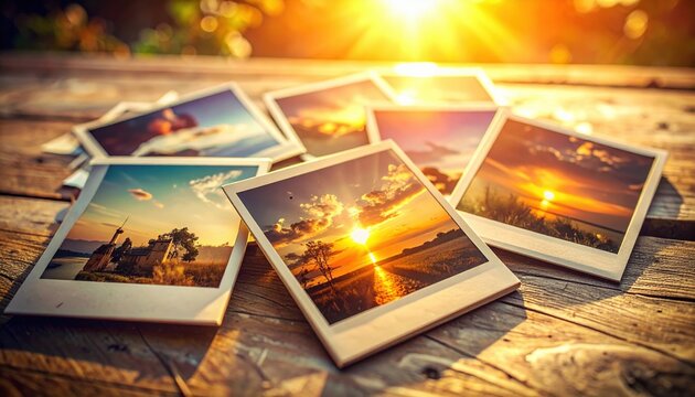 Scattered nostalgic travel photos capturing sunset memories on a rustic wooden table symbolizing nostalgia and wanderlust