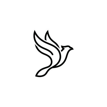 Simple black line art dove flying.