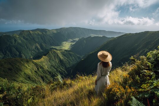 Journey of the soul: immersive encounters with nature's splendor. Poster illustration. Traveler's gaze: a woman's journey in the stunning valleys and forests of sao miguel. Thriller poster.