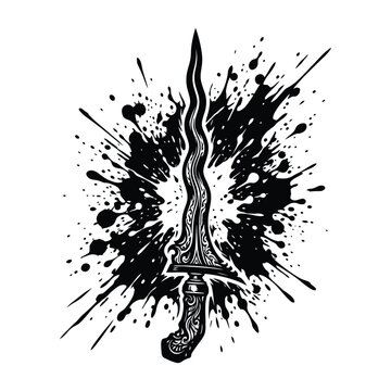 ornate wavy keris dagger emblem with splattered ink effect, ancient weapon symbol