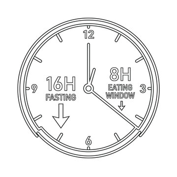Outline of a clock face showing 16h fasting and 8h eating windows, time management concept