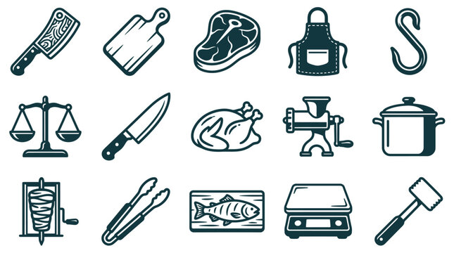 Set of 15 black and white butcher shop and kitchen icons featuring a meat cleaver, steak, apron, scales, chef knife, chicken, meat grinder, cooking pot, shawarma, fish, and mallet.