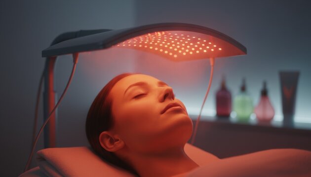 Red light therapy session illustrating advanced skincare and futuristic wellness trends merging technology and relaxation in beauty innovation