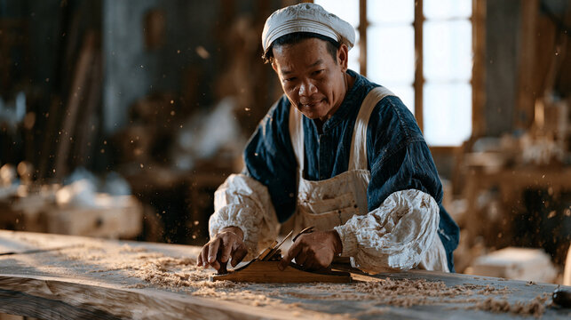 Vietnamese furniture maker using hand plane on walnut tabletop sawdust floating in golden hour light through workshop window traditional joinery craftsmanship small business