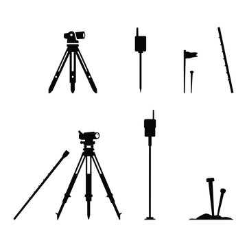 Land surveying equipment icons set with total station tripod and measurement tools, surveying