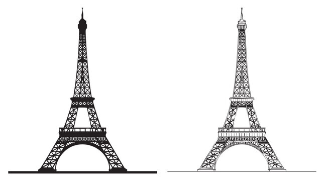 eiffel tower black silhouette with line art vector icon featuring paris, france, landmark