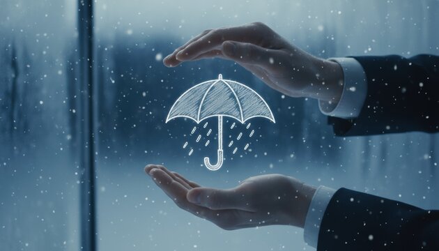 Conceptual image illustrating protection and risk management using a symbolic umbrella held between hands during a cold winter moment