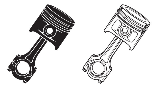 engine piston black silhouette with line art vector icon featuring mechanical, part