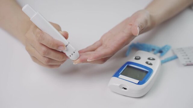 Close-up of a person checking blood glucose with a lancet device and glucose meter for diabetes management, blood sugar monitoring, home healthcare, self testing, prevention, and medical wellness.