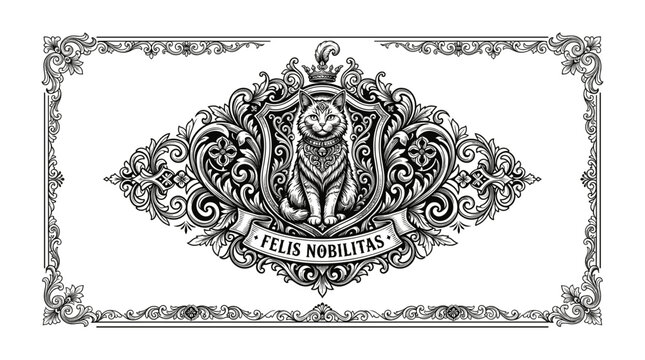 Cat Crest with Ornate Border and Latin Phrase Felis Nobilitas in Vintage Style Featuring Heraldic, Emblem, Design