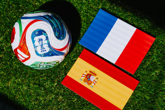 FIFA World Cup 2026 semifinal: France vs Spain, national flags before international football match. Illustrational editorial photo