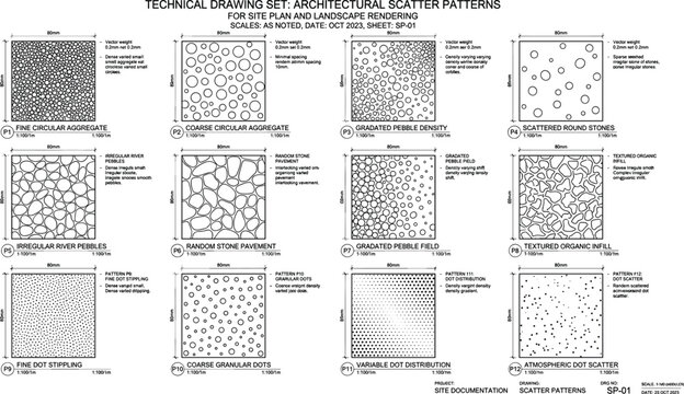 Architectural Technical Drawing Set with Abstract Landscape Scatter Patterns and Site Plan Hatching Textures