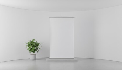 Fototapeta premium Minimal blank banner display in clean modern room ideal for branding mockup presentations product display and creative design concepts