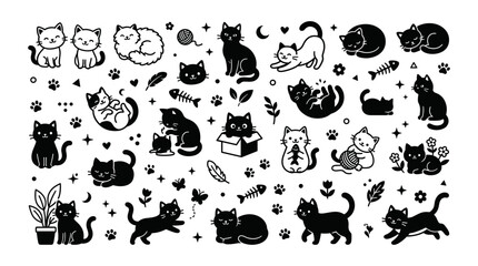 Obraz premium Cats in Various Playful and Relaxed Poses with Fish and Paw Prints Featuring Black, White, Orange with Gray and Sitting Elements