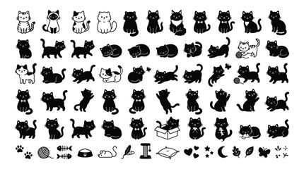 Obraz premium Cats in Various Poses and Activities with Related Icons Featuring Cat, Black, White with Sitting and Lying Elements for Playing