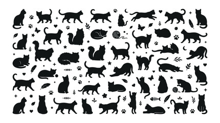 Fototapeta premium Cats in Various Poses and Styles Forming a Playful Pattern Featuring Cat, Silhouette, Black with White and Cute Elements