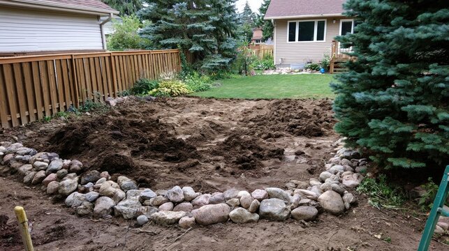 Backyard landscaping preparation with dug up soil and stones