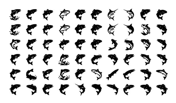 Jumping Fish Silhouette Icon Set with Freshwater and Saltwater Species Black Vector Collection