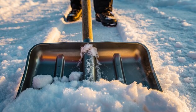 Snow shovel clearing fresh winter snow at sunrise in a cold northern landscape representing effort and seasonal routine