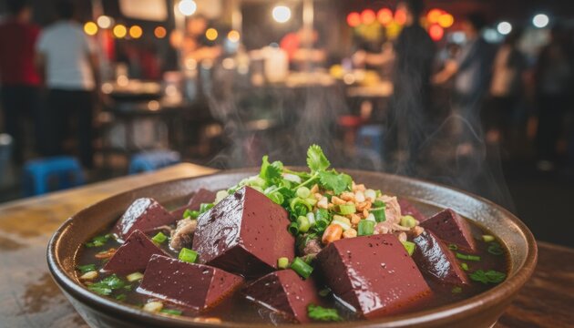 Steaming bowl of dark solid blood curd jelly cubes with meat garnish and herbs served at a busy open air market food stall during the night