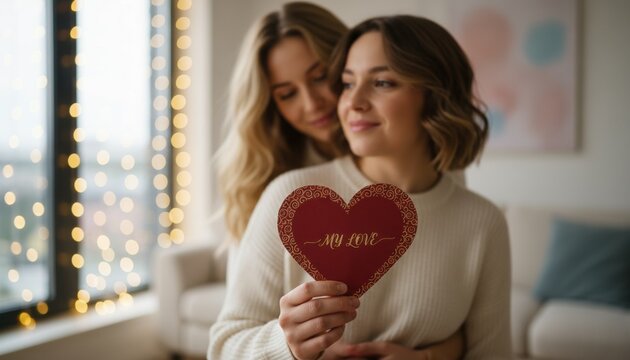 Romantic moment with couple holding heart card symbolizing love celebration affection and seasonal holiday theme in cozy indoor setting