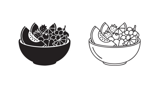 fruit salad black silhouette with line art vector icon featuring bowl, strawberry