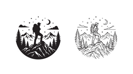 Fototapeta premium hiker black silhouette with line art vector icon standing on mountain peak at night