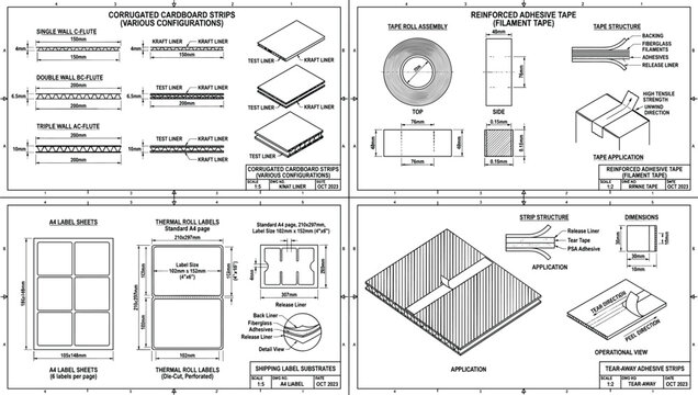 Industrial Corrugated Box Assembly and Packaging Design Specifications Blueprint Vector Set