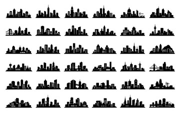 Obraz premium Urban Skyline Silhouettes, Modern Cityscape Vectors, Metropolitan Architecture Graphics, Corporate Real Estate Backgrounds, Abstract Skyscraper Illustrations