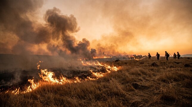 Wildfire spreading across grassland with firefighters
