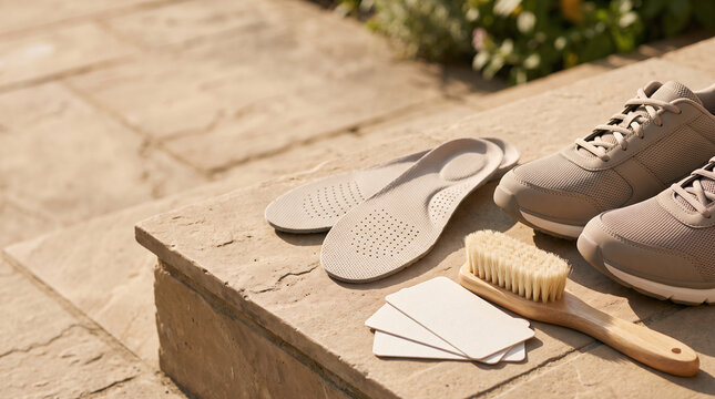 Orthopedic Insoles with Running Shoes and Cleaning Brush on Stone