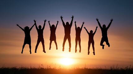 Fototapeta premium Youth Friendship Freedom, Friends jump against a glowing sunset sky expressing freedom, happiness, and the pure joy of friendship.