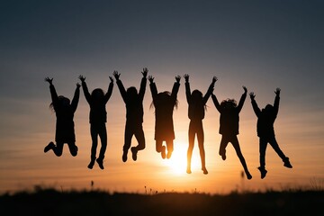 Fototapeta premium Youth Friendship Freedom, Friends jump against a glowing sunset sky expressing freedom, happiness, and the pure joy of friendship.