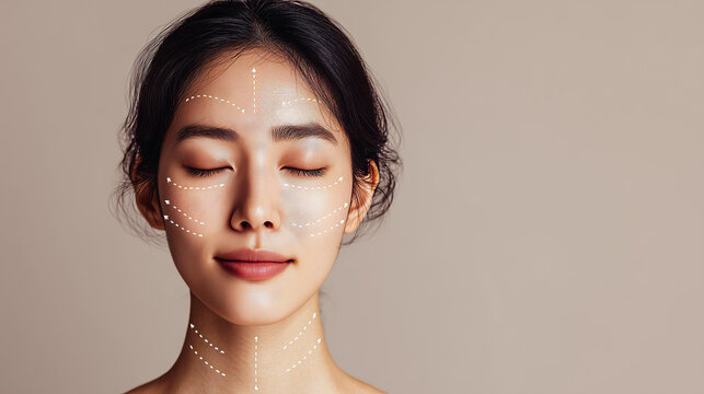 Close-up of a serene woman with massage guide lines, highlighting facial relaxation and beauty treatments.