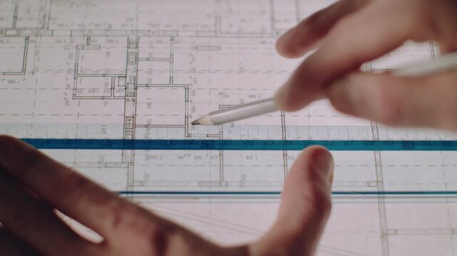 Close overhead view shows hands repositioning pencil above technical floor plan, with blue ruler, pale paper surface, soft blur, muted tones, and focused design mood for architecture or construction