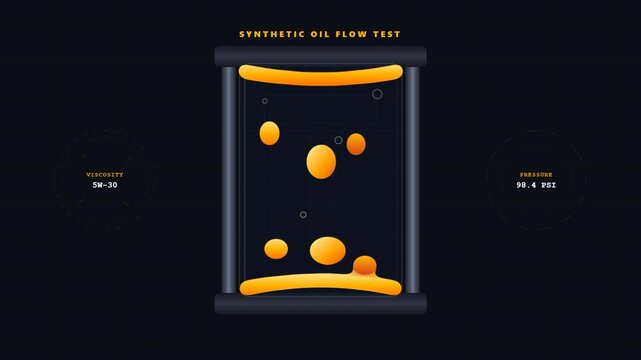 Synthetic oil flow test animation showing orange liquid dripping through a chamber.