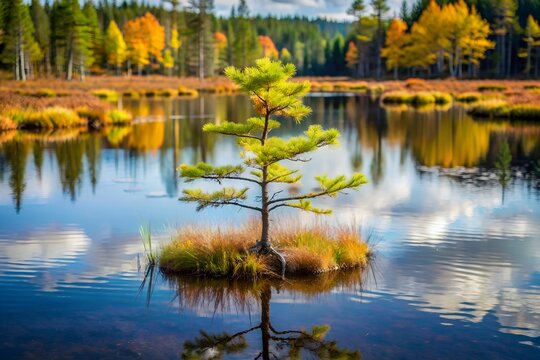 Small larch tree is one of the forest pioneers beginning to fill in the floating mat in the Philbrick-Cricenti Bog in New London, New Hampshire.