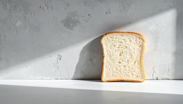 Single slice of fresh white bread leaning against textured concrete wall with dramatic sunlight for bakery marketing banner and food blog